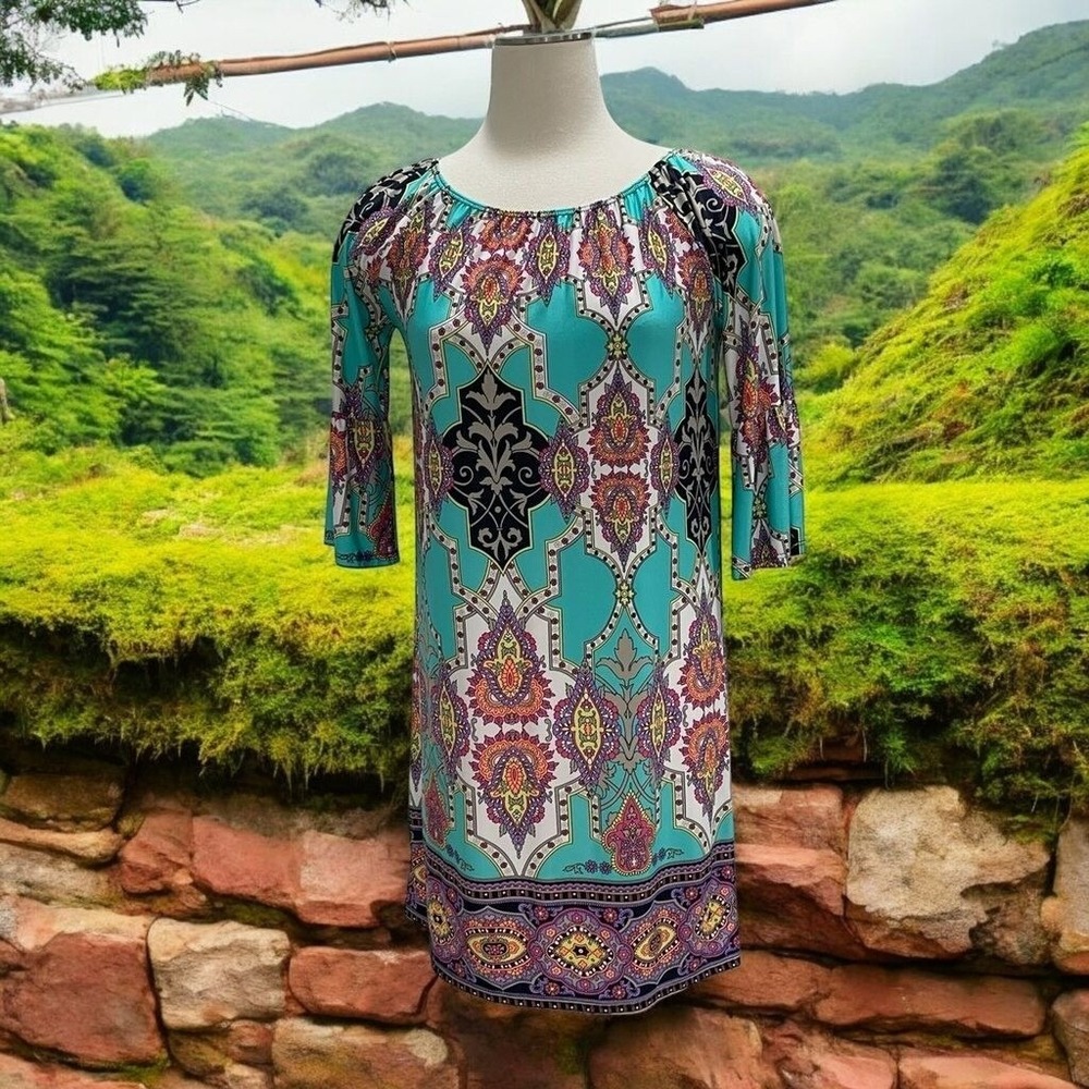 Boho Paisley Ethnic Turquoise Festival Mini Dress Multicolor Flowy Casual Size S